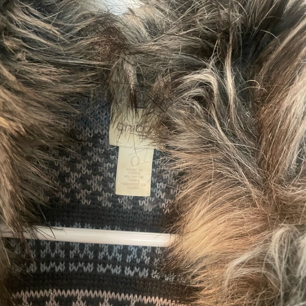 Chico's Blue And Gray Patterned Coat With Faux Fu… - image 2